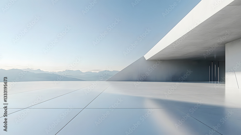 Obraz premium 3d render of abstract modern concrete white architecture with empty cement floor, minimal exterior, car presentation background