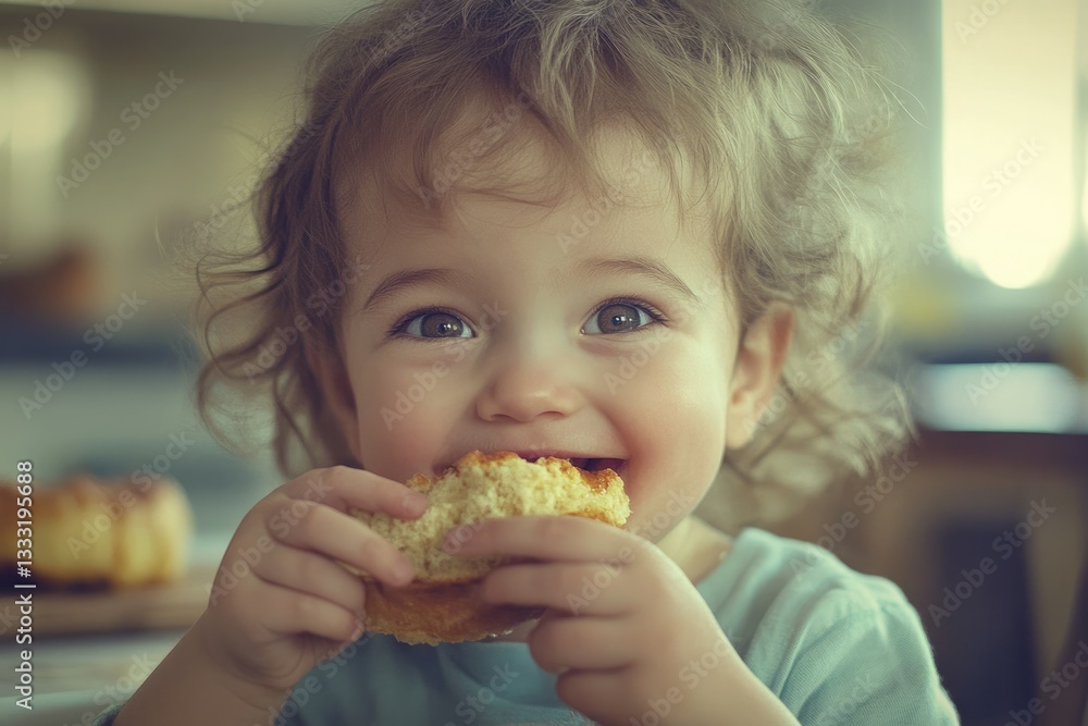 A toddler with curly hair happily eats a piece of bread, showcasing pure joy and innocence. A toddler with curly hair happily eats a piece of bread, showcasing pure joy and innocence.