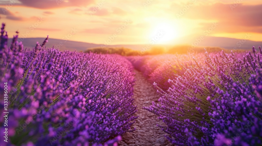 Fototapeta premium A beautiful field of lavender flowers at sunset hour