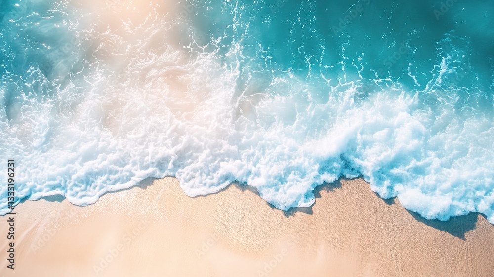 Aerial View of Serene Blue Sand Beach with Gentle Waves and Light Aerial View of Serene Blue Sand Beach with Gentle Waves and Light