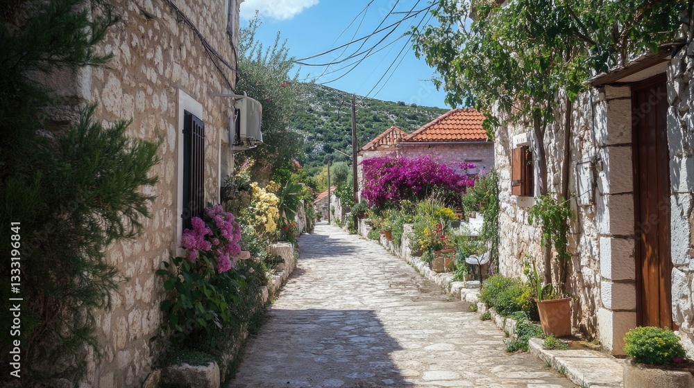 Cobblestone Street Lined with Stone Buildings and Flourishing Greenery Cobblestone Street Lined with Stone Buildings and Flourishing Greenery