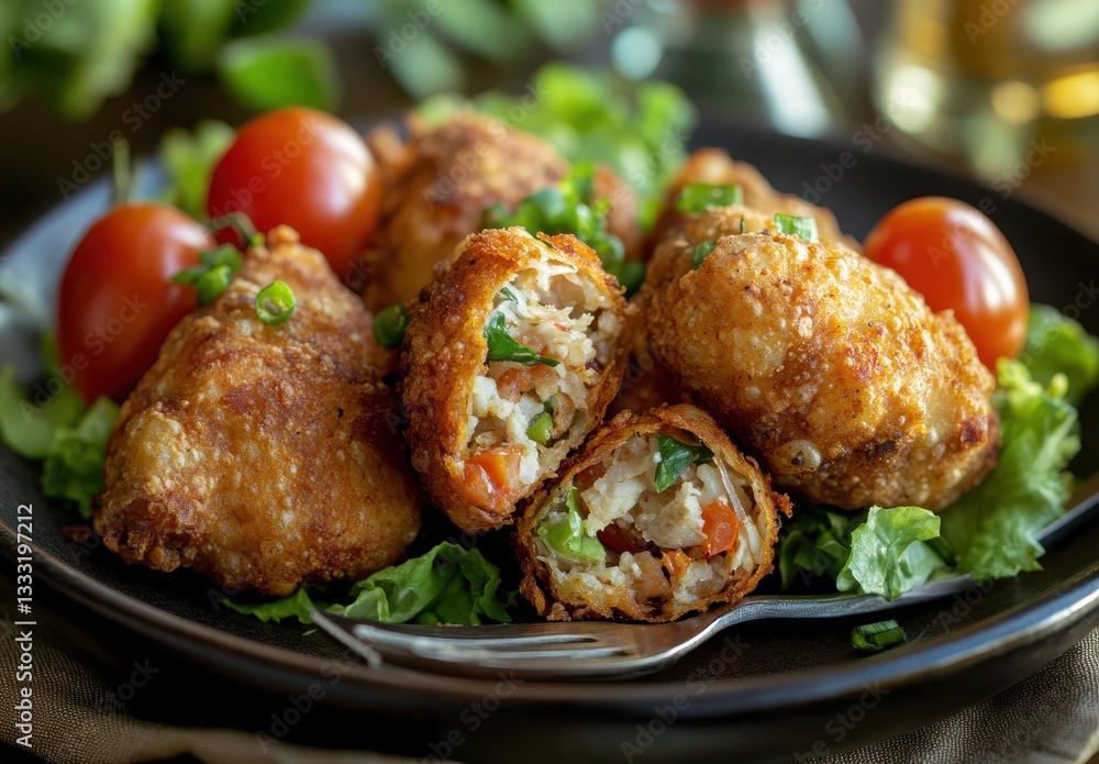 Crispy Golden Fried Snacks with Fresh Vegetables and Cherry Tomatoes on a Rustic Plate Surrounded by Green Leaves and Soft Lighting Crispy Golden Fried Snacks with Fresh Vegetables and Cherry Tomatoes on a Rustic Plate Surrounded by Green Leaves and Soft Lighting