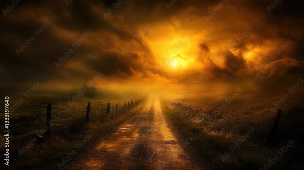 Fototapeta premium A long dirt road leads to a bright light in the sky
