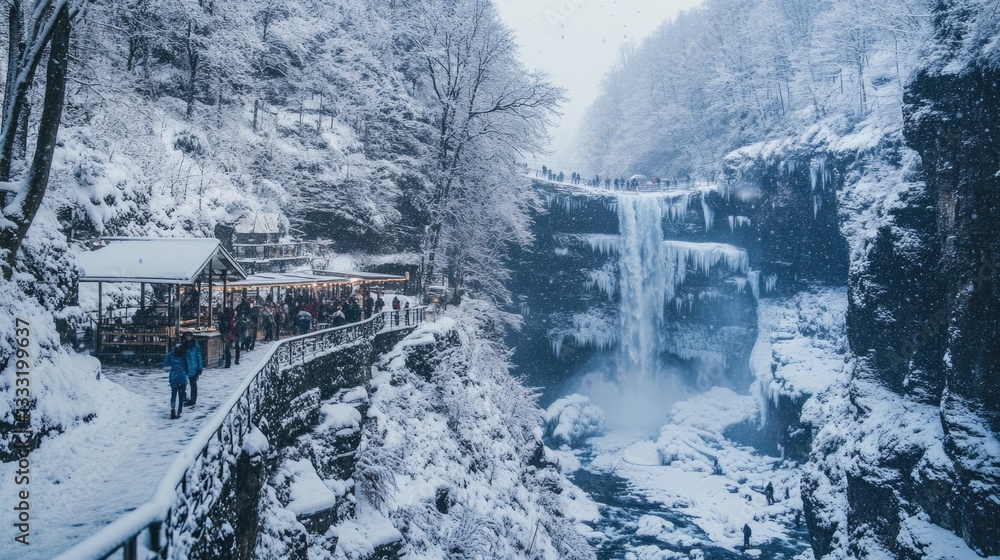 A stunning snowy waterfall landscape with structures and people viewing A stunning snowy waterfall landscape with structures and people viewing
