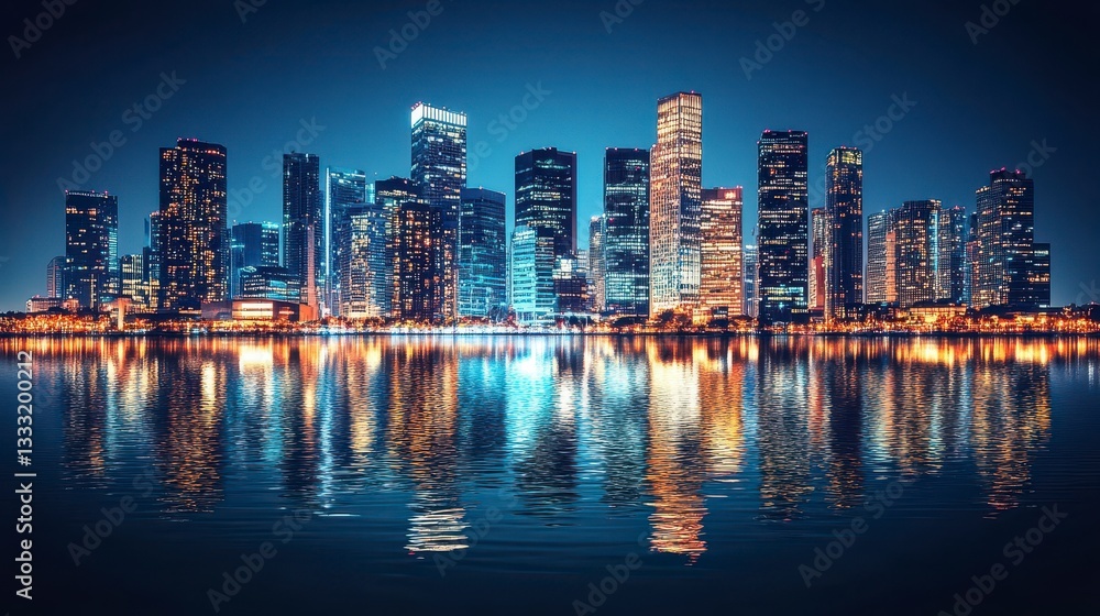 Obraz premium City Skyline Reflection at Night with Bright Lights and Tall Modern Buildings