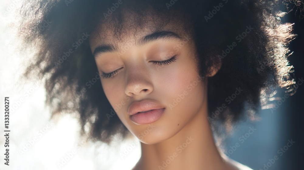 Serene woman with closed eyes, bathed in soft light, exuding calm and tranquility. Serene woman with closed eyes, bathed in soft light, exuding calm and tranquility.
