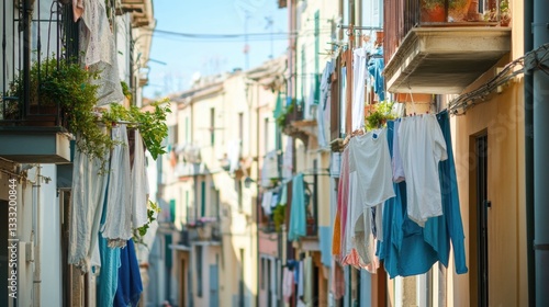 Clothes hanging on lines in a narrow European village street