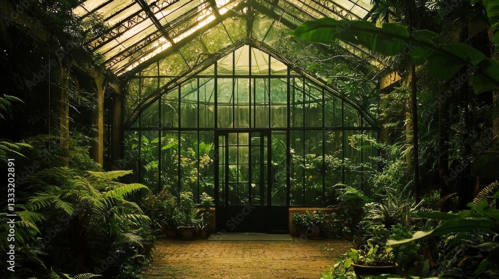 Lush greenery envelops a beautiful glasshouse showcasing exotic plants. Lush greenery envelops a beautiful glasshouse showcasing exotic plants.