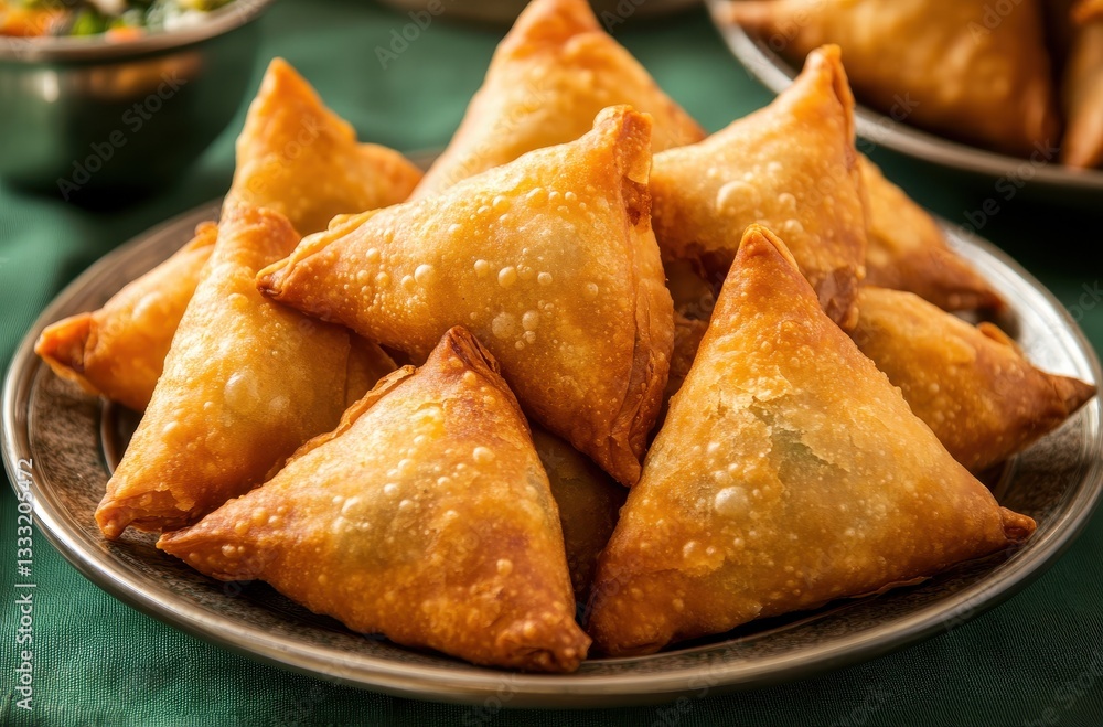 Crispy Golden Samosas on a Silver Platter Surrounded by Green Tablecloth and Vibrant Side Dishes, Perfect for Culinary Photography and Food Styling Crispy Golden Samosas on a Silver Platter Surrounded by Green Tablecloth and Vibrant Side Dishes, Perfect for Culinary Photography and Food Styling