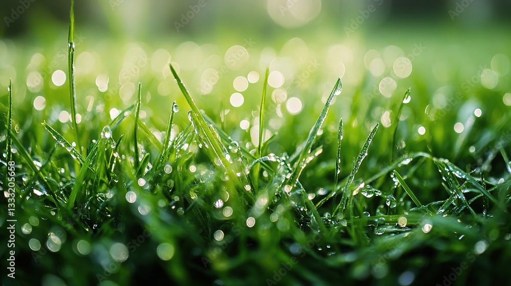 Close-Up View of Dewdrops on Fresh Green Grass Blades in Nature Close-Up View of Dewdrops on Fresh Green Grass Blades in Nature