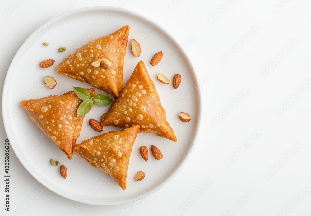 Crispy Golden Samosas on Plate Surrounded by Almonds and Spices for Delicious Snack or Appetizer Presentation Crispy Golden Samosas on Plate Surrounded by Almonds and Spices for Delicious Snack or Appetizer Presentation