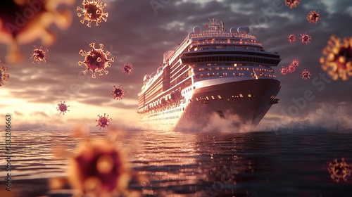 Cruise ship surrounded by glowing virus particles, symbolizing health precautions in travel.