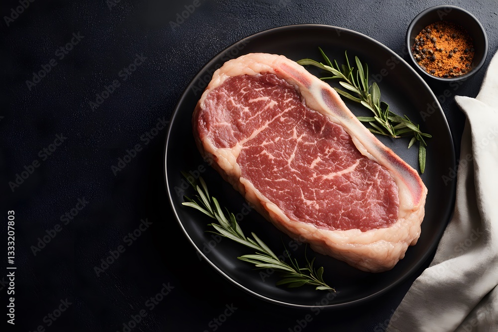 Raw Strip Steak on Black Plate with Rosemary Raw Strip Steak on Black Plate with Rosemary