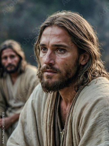 Man resembling Jesus in a simple setting, face blurred
