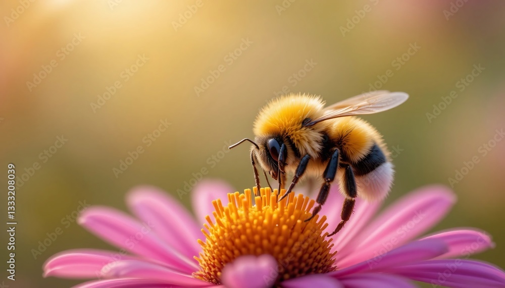 Bumblebee Pollinating Pink Flower in Golden Sunlight Macro Photography of Nature Bumblebee Pollinating Pink Flower in Golden Sunlight Macro Photography of Nature