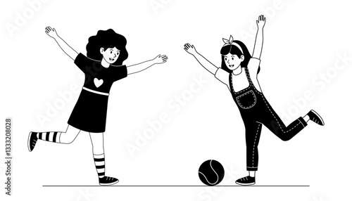 Two girls playing joyfully with a ball in a playful setting during daytime