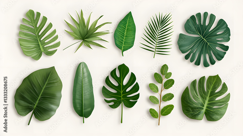 Fototapeta premium Collection of Various Tropical Green Leaves on Neutral Background