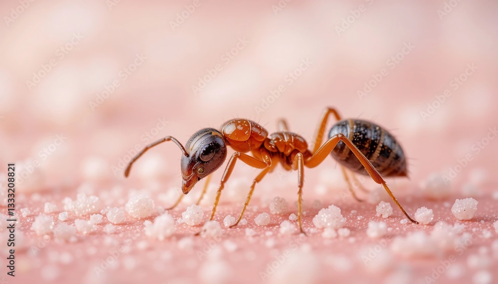 Macro Photography of Red Ant on Pink Surface with Granules Macro Photography of Red Ant on Pink Surface with Granules
