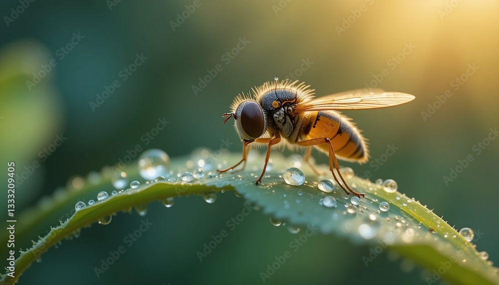 Stunning Close Up of a Hoverfly on Dew Covered Leaf at Sunrise Stunning Close Up of a Hoverfly on Dew Covered Leaf at Sunrise