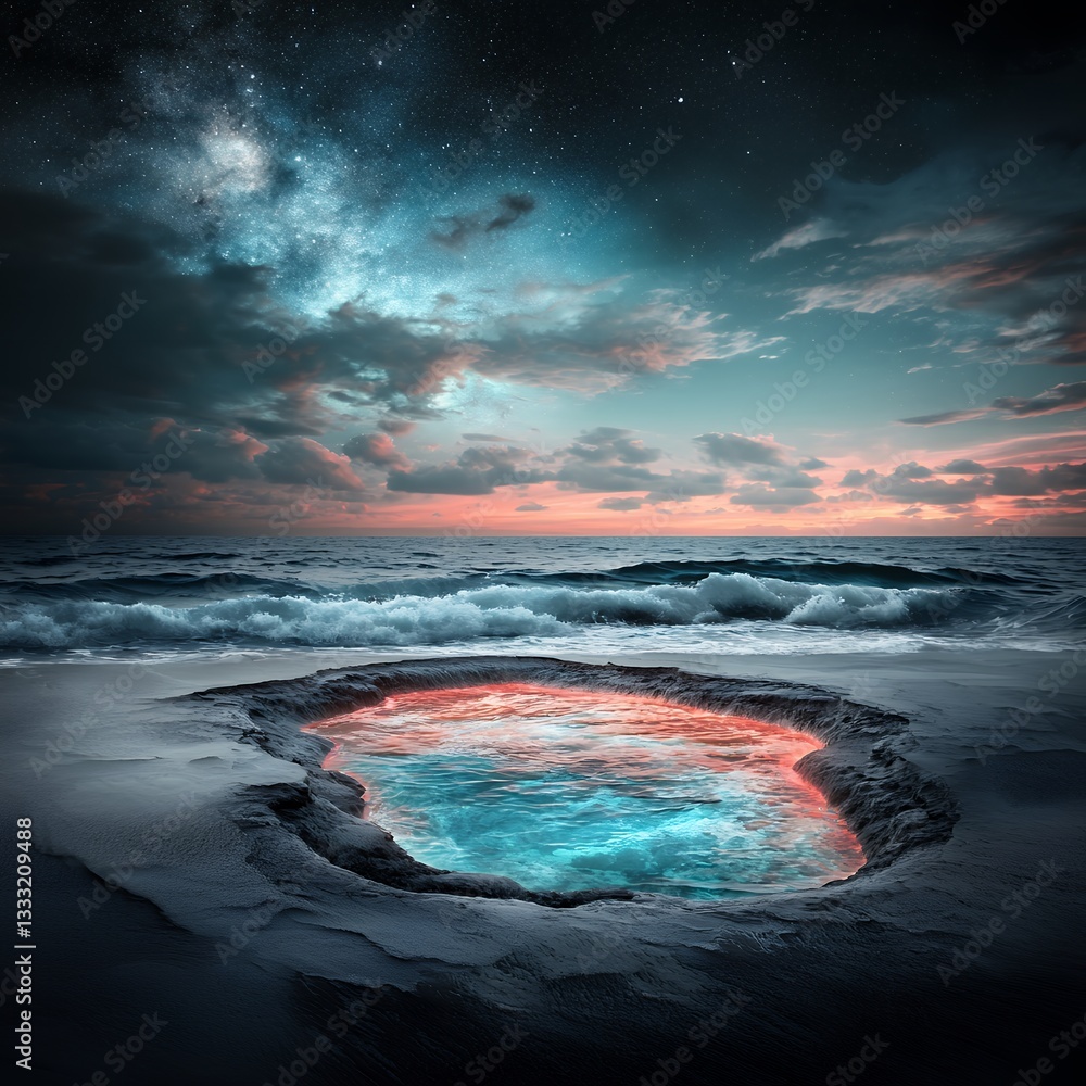 Fototapeta premium Glowing Teal Pool on Sandy Beach Under Starlit Night Sky