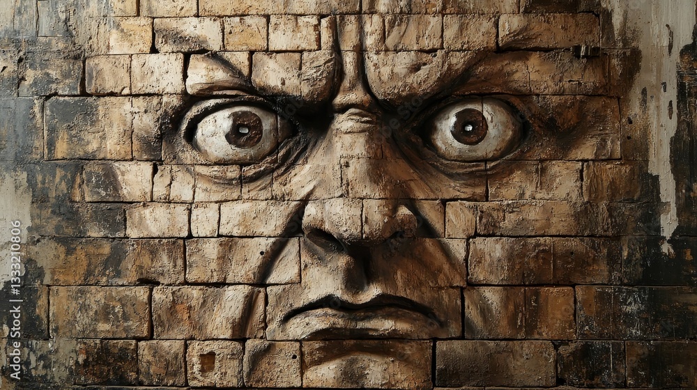 Angry face carved into old brick wall. Angry face carved into old brick wall.