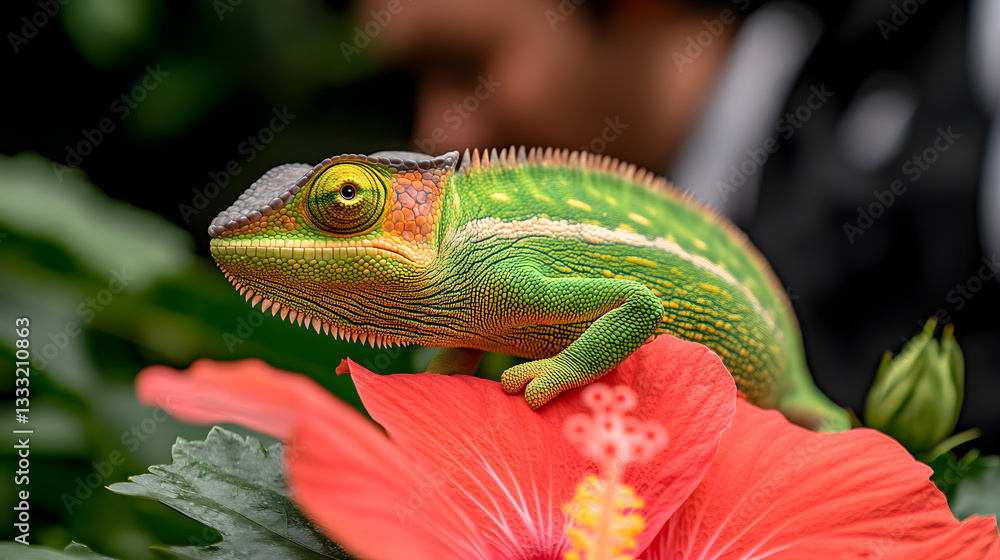 Fototapeta premium Colorful Chameleon Perched on Vibrant Flower in Tropical Garden