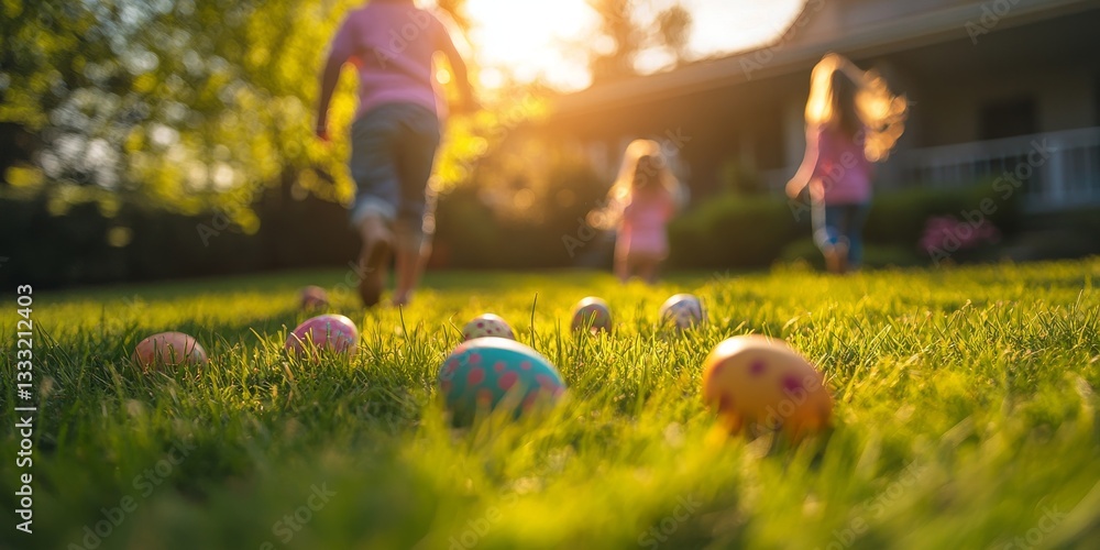 Fototapeta premium Kids enjoying an easter egg hunt in a garden at sunset