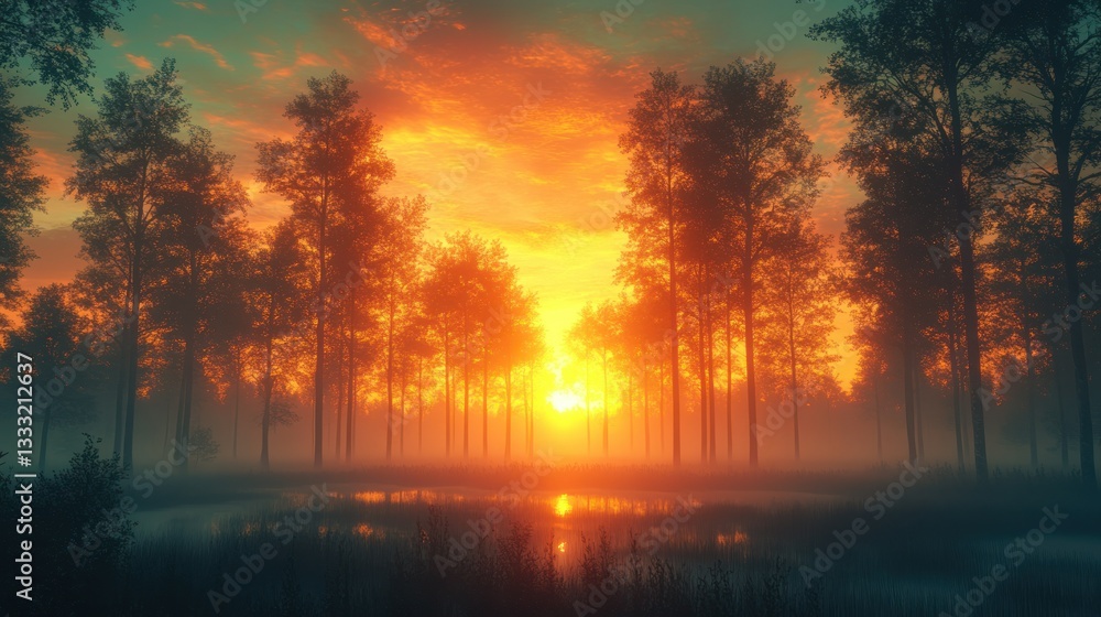 Sunrise through misty forest Sunrise through misty forest