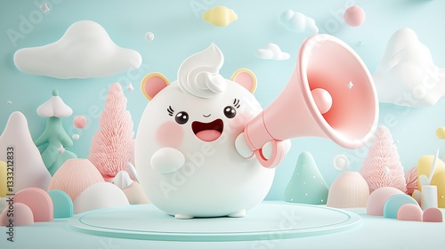 Joyful White Cartoon Character with Pink Megaphone in Pastel Winter Landscape