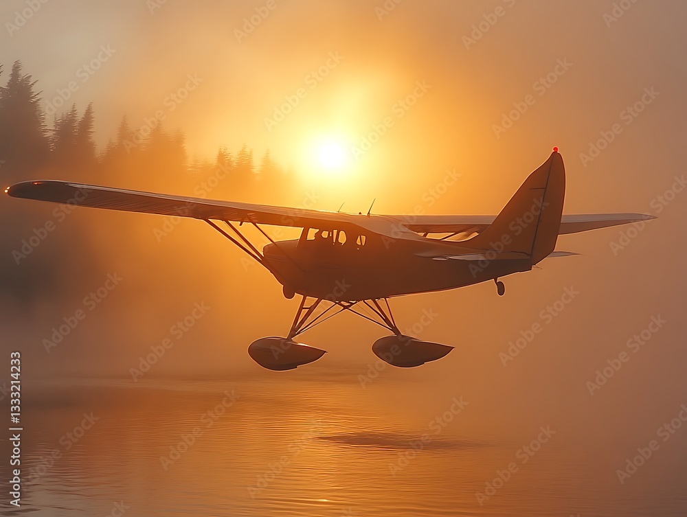 Fototapeta premium Seaplane lifts off lake at foggy sunrise