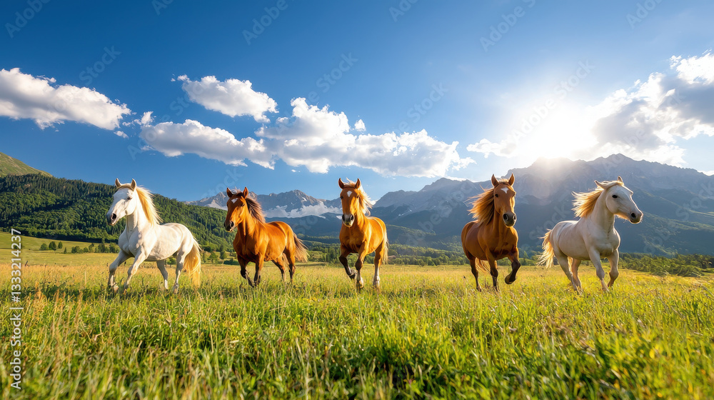 Fototapeta premium Wild horses galloping across vibrant green field under sunny sky
