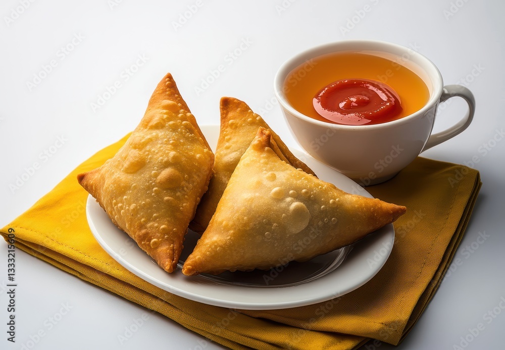 Crispy Golden Samosas Served with Spicy Ketchup and Tea on Yellow Napkin Perfect for an Appetizing Snack or Meal at Any Time of the Day Crispy Golden Samosas Served with Spicy Ketchup and Tea on Yellow Napkin Perfect for an Appetizing Snack or Meal at Any Time of the Day