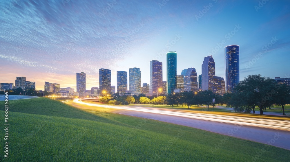 Fototapeta premium A scenic evening landscape featuring a city skyline and grassy hill