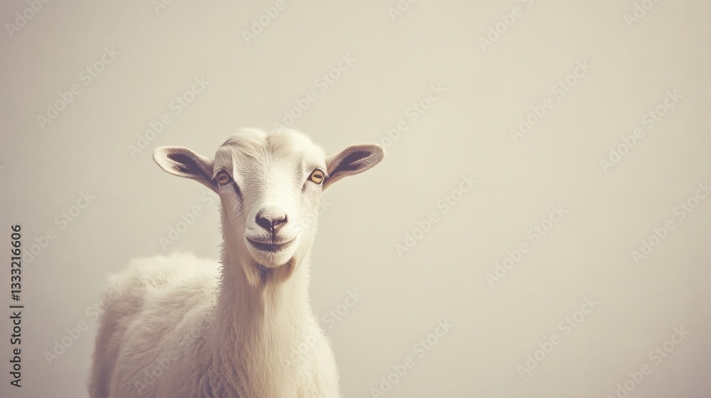 Fototapeta premium A white goat with a friendly expression looks directly at the camera