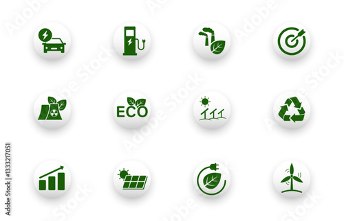 Green energy icon. Set of solid vector icons about eco, solar panels, wind power, electric cars, nuclear energy.