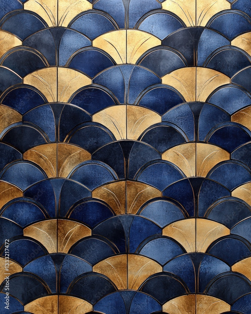 A patterned wallpaper featuring Art Deco-inspired geometric designs in metallic gold and navy blue, A patterned wallpaper featuring Art Deco-inspired geometric designs in metallic gold and navy blue,