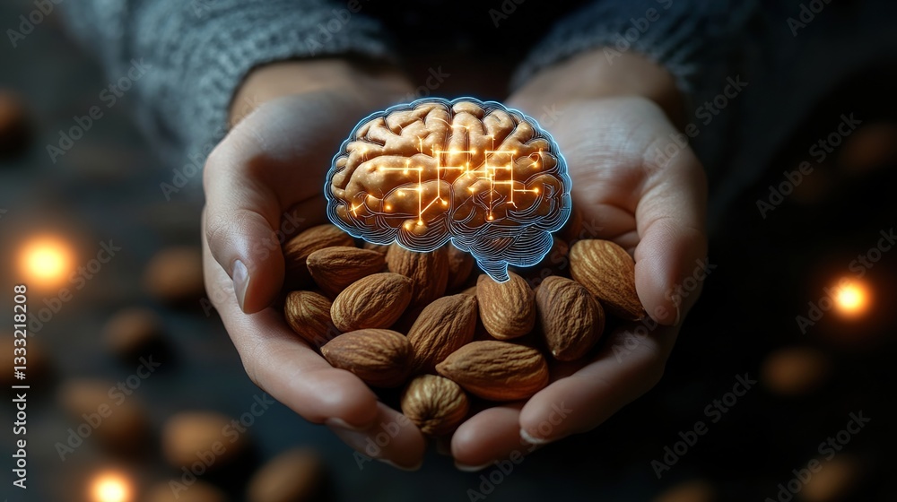 Glowing nuts with brain hologram symbolize mental health and nutrition. Glowing nuts with brain hologram symbolize mental health and nutrition.