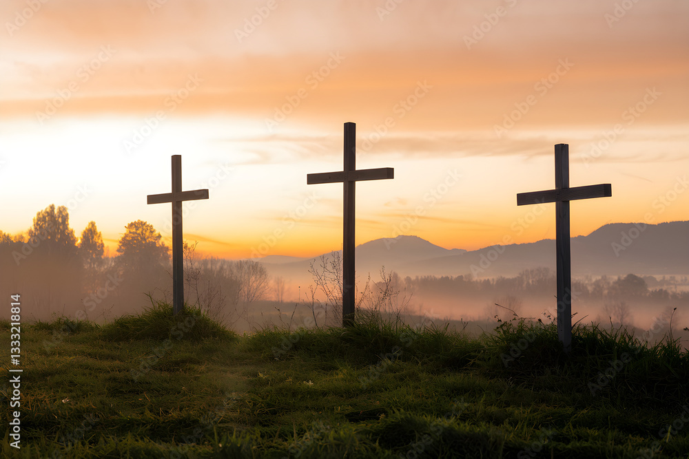 Three Crosses on a Hill at Sunrise Representing Easter, the Resurrection of Jesus Christ, Christian Faith, and Hope – Symbol of Salvation, Forgiveness, and Redemption in a Scenic Religious Landscape