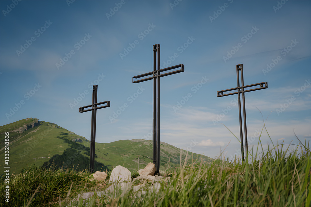 Three Crosses on a Hill Symbolizing Easter, Resurrection, and Christian Faith Under a Blue Sky with Green Grass – Religious Symbol of Hope, Salvation, and Jesus Christ’s Sacrifice