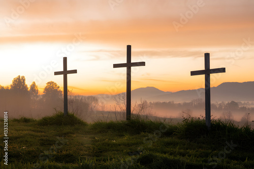 Obraz na płótnie Three Crosses on a Hill at Sunrise Representing Easter, the Resurrection of Jesus Christ, Christian Faith, and Hope – Symbol of Salvation, Forgiveness, and Redemption in a Scenic Religious Landscape w salonie