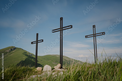Three Crosses on a Hill Symbolizing Easter, Resurrection, and Christian Faith Under a Blue Sky with Green Grass – Religious Symbol of Hope, Salvation, and Jesus Christ’s Sacrifice
