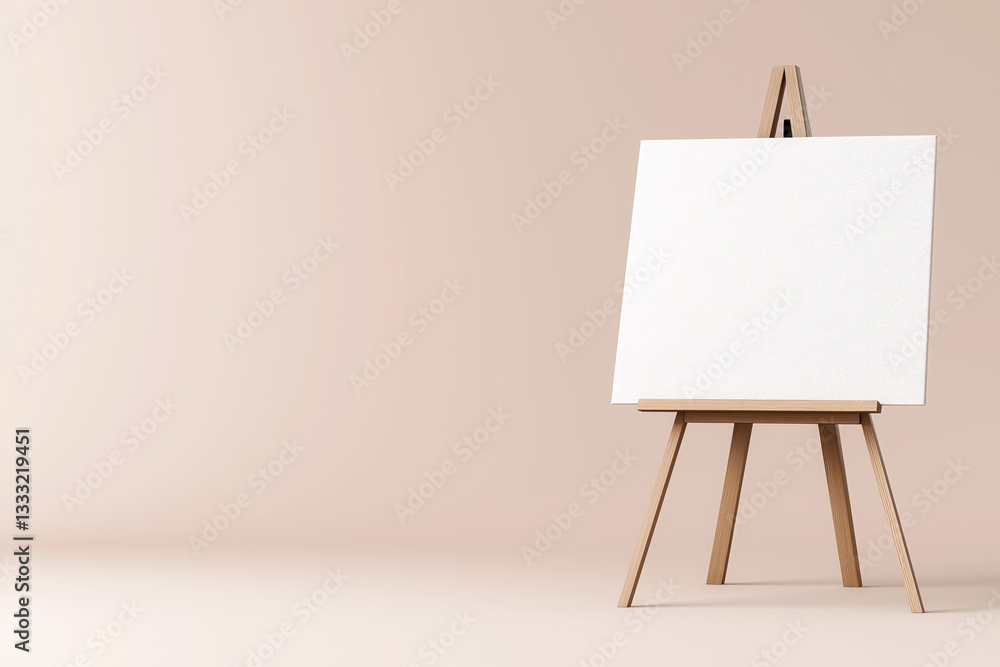 Blank canvas on wooden easel set against soft beige background for artistic creation and inspiration, space for text Blank canvas on wooden easel set against soft beige background for artistic creation and inspiration, space for text