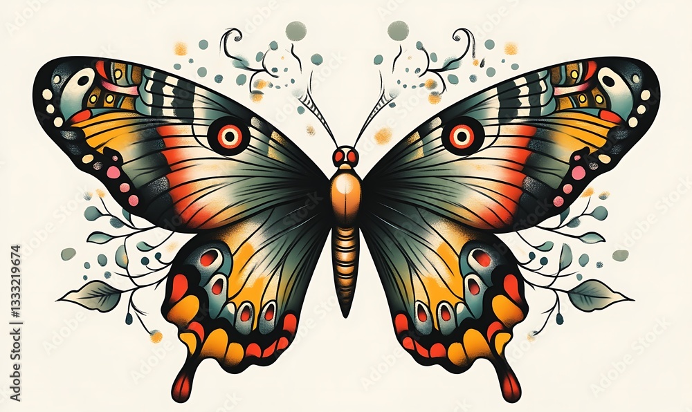 A Colorful Butterfly Displaying Detailed Wings Surrounded By Floral Accents