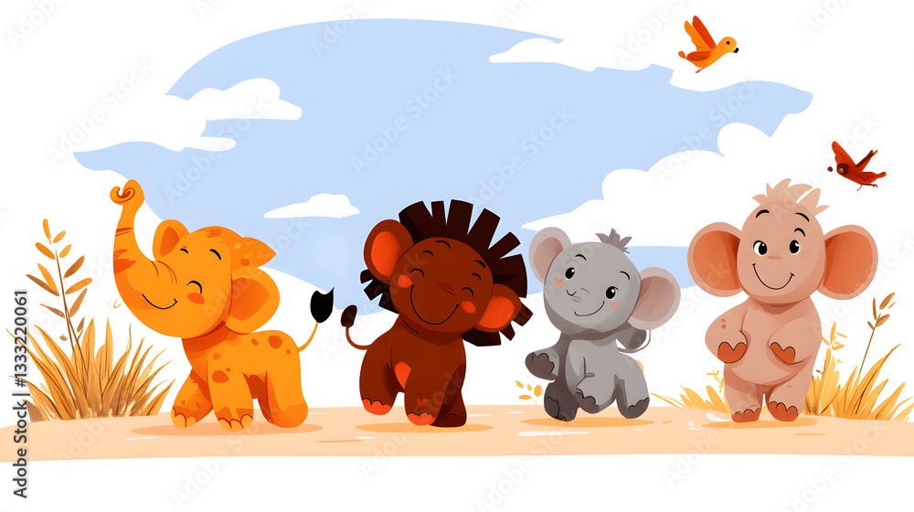 Naklejka premium Cute Cartoon Animals Walking Together in a Dreamy Landscape