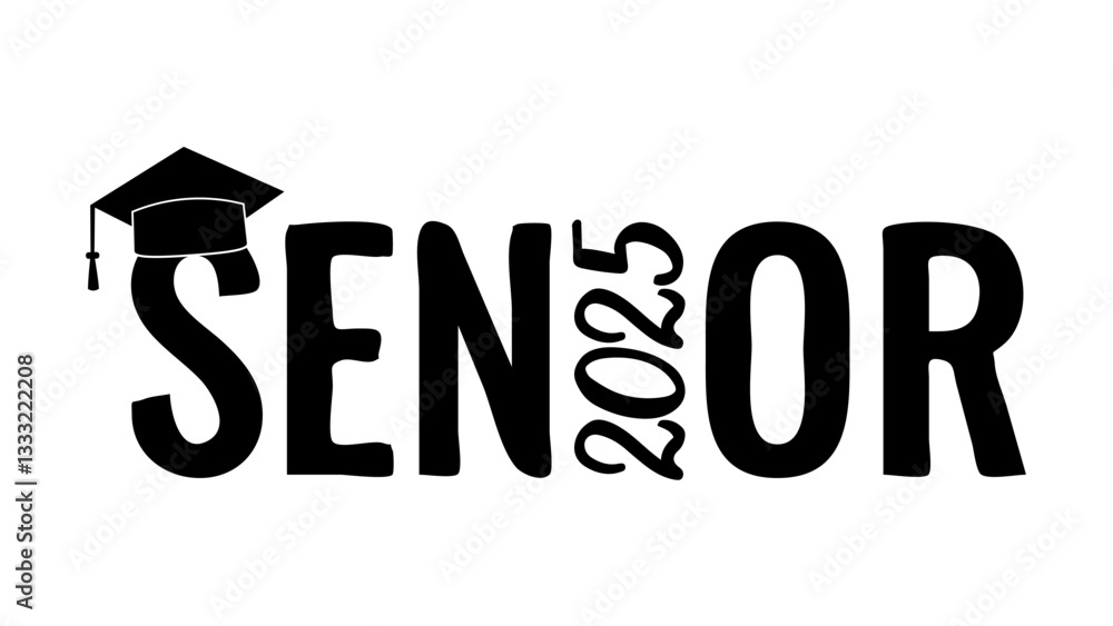 Senior 2025 lettering with graduation cap isolated on white. Congratulations to graduates typography poster. Vector template for greeting card, banner, sticker, etc.