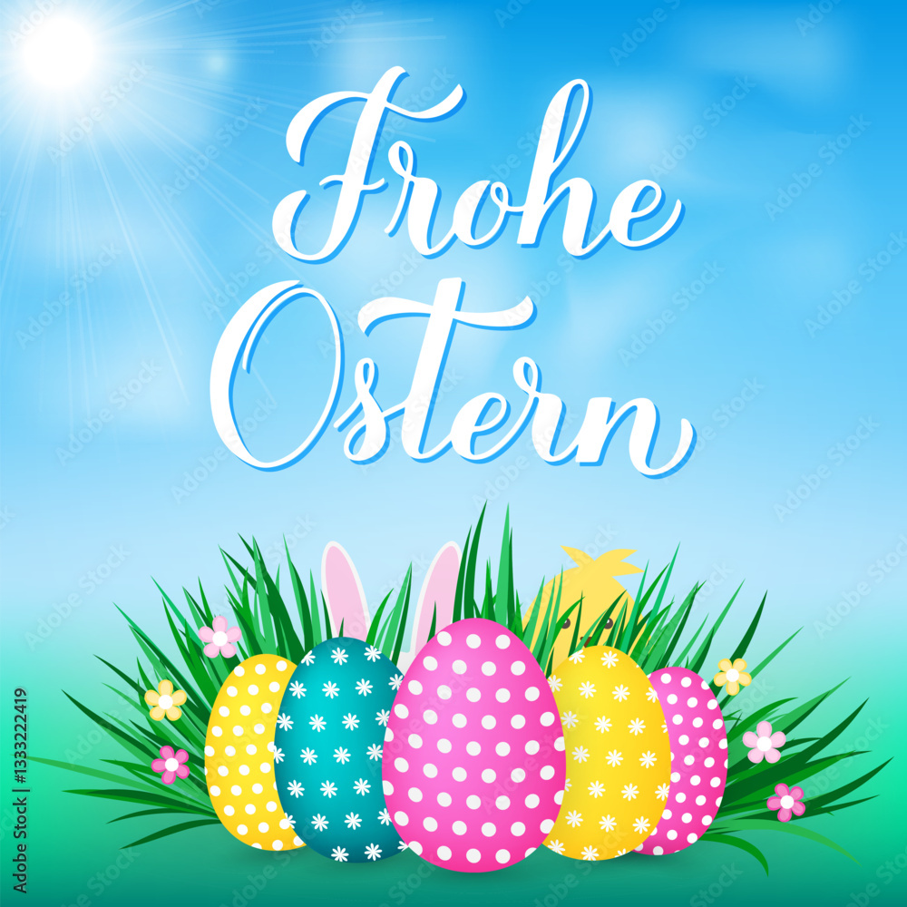 Happy Easter calligraphy hand lettering in German language. Easter eggs on grass, cute cartoon bunny and chicken. Vector template for typography poster, greeting card, banner, etc.