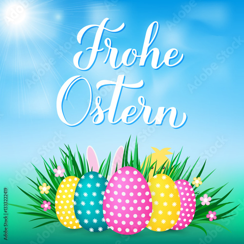 Obraz na płótnie Happy Easter calligraphy hand lettering in German language. Easter eggs on grass, cute cartoon bunny and chicken. Vector template for typography poster, greeting card, banner, etc. w salonie