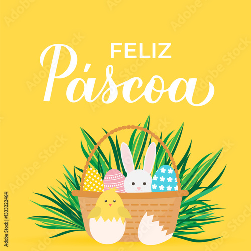 Happy Easter calligraphy lettering in Portuguese language. Basket of eggs, bunny and cute cartoon chicken. Easter celebration greeting card. Vector illustration.