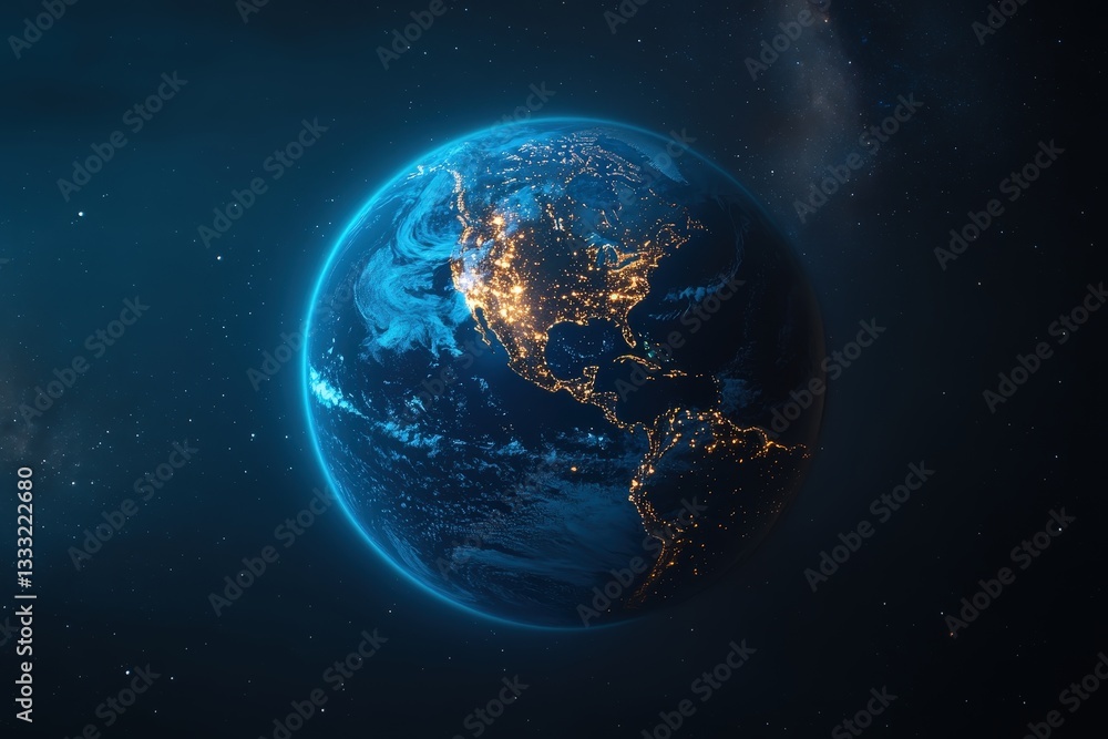 A luminous planet earth viewed from the vast outer space A luminous planet earth viewed from the vast outer space