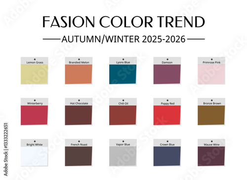 Fashion Color Trend Autumn - Winter 2025 - 2026. Trendy colors palette guide. Fabric swatches with color names. Vector template for your creative designs.